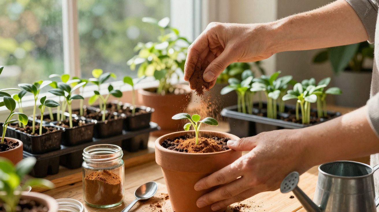 Mãos a adicionar fertilizante a uma planta jovem num vaso junto à janela com outras plantas pequenas.