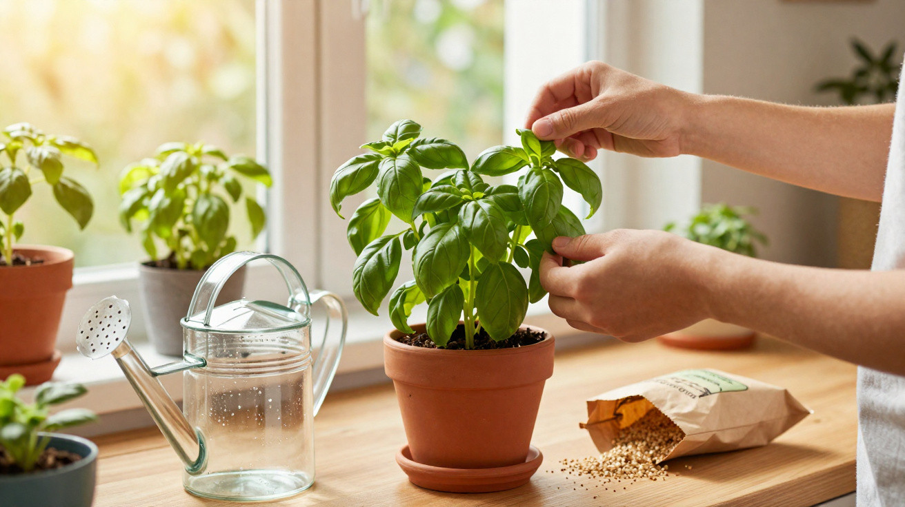 Mãos a cuidar de manjericão em vaso com regador e sementeira ao lado, luz natural pela janela.