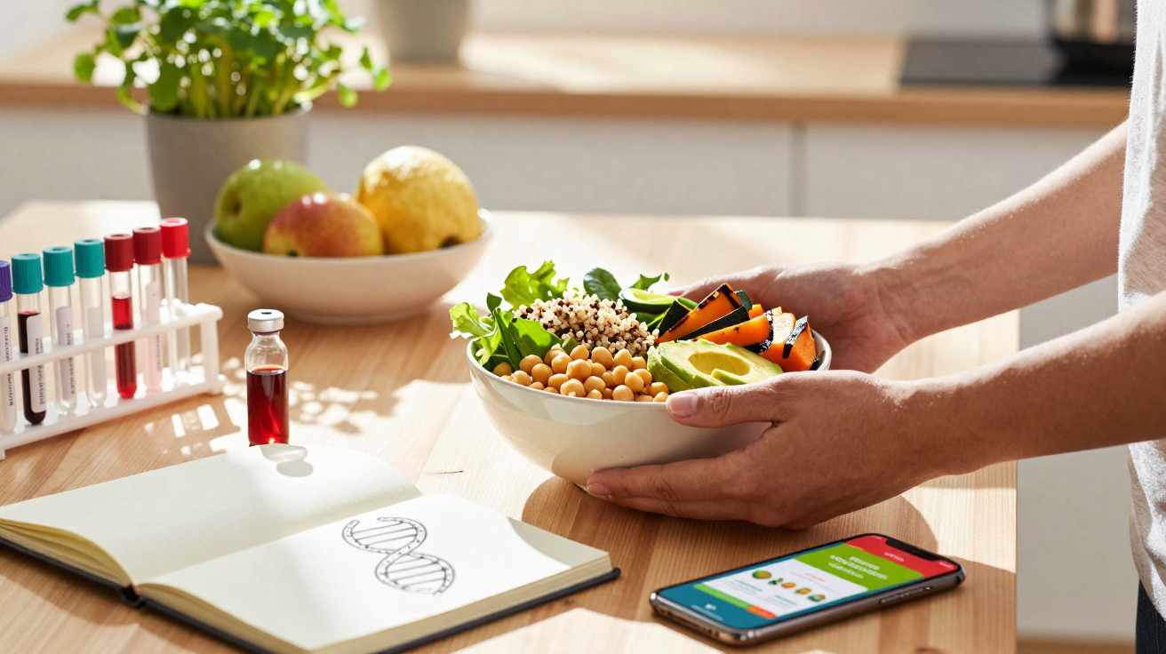 Pessoa segura tigela com salada saudável sobre mesa com frutos, tubos de ensaio, caderno e telemóvel.
