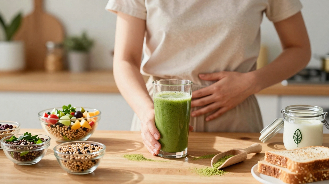 Pessoa com mão na barriga segurando um copo de sumo verde numa mesa com alimentos saudáveis.
