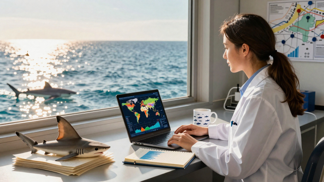 Mulher cientista em bata branca trabalha com laptop e gráficos, com vista para o mar e tubarões a nadar.