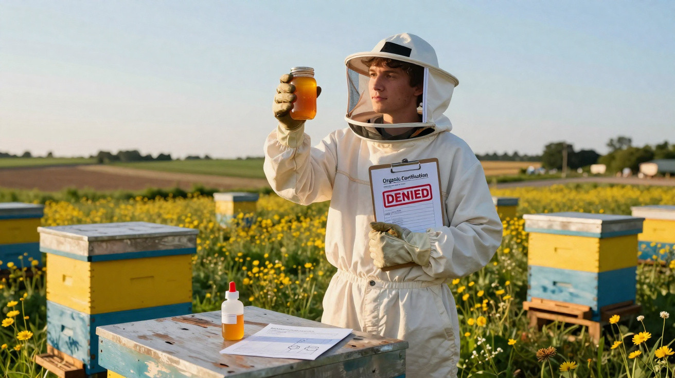 Apicultor examina frasco de mel segurando documento com selo "DENIED" em campo com colmeias e flores.