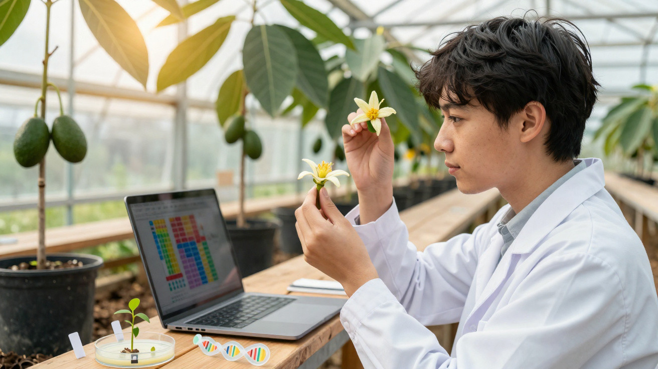 Investigador em laboratório agrícola analisa flores de planta com computador ao fundo.