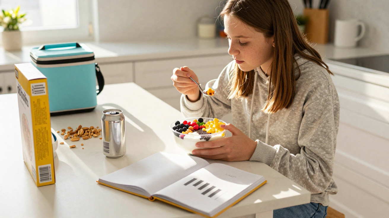 Jovem a comer fruta e iogurte numa tigela, sentada numa cozinha luminosa com livro aberto à frente.