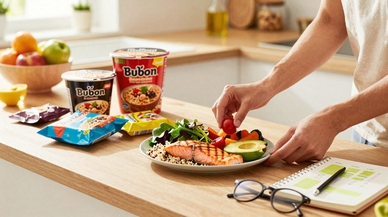 Pessoa a preparar prato com salmão grelhado, legumes e frutos numa cozinha moderna.