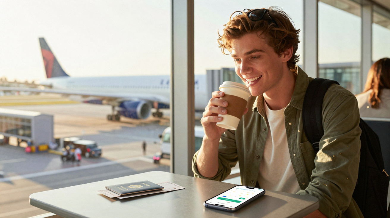 Jovem sorridente com mochila, a beber café no aeroporto, com avião e passaportes sobre a mesa junto à janela.