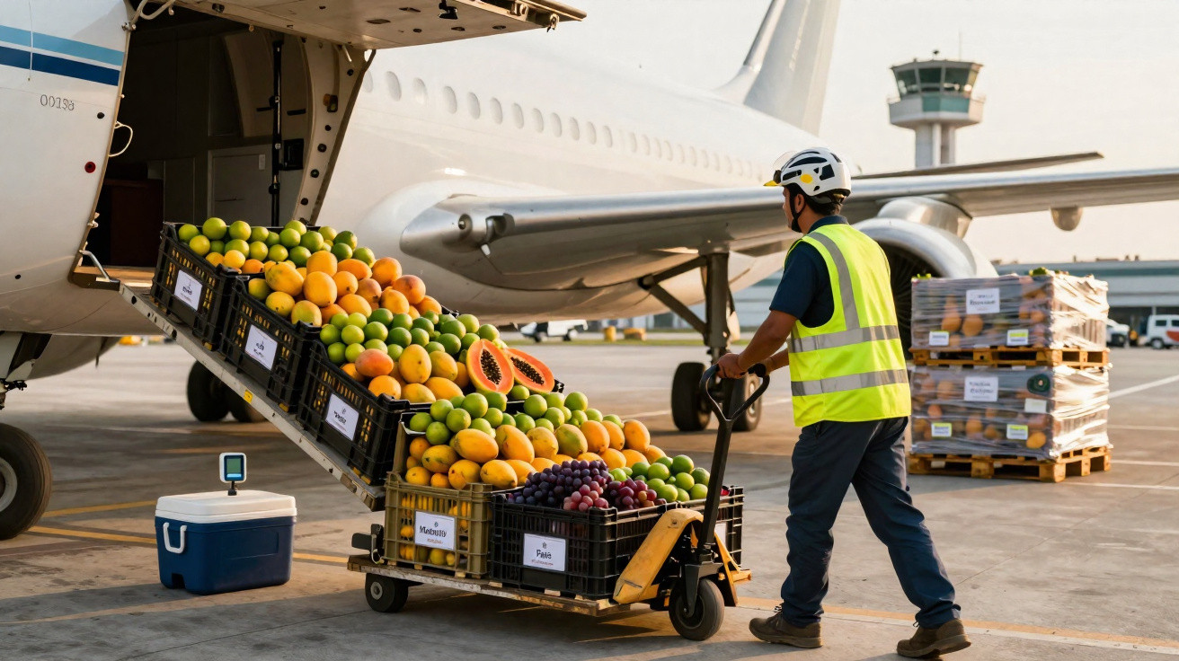 Trabalhador com colete refletor a carregar caixas de fruta para um avião num aeroporto.