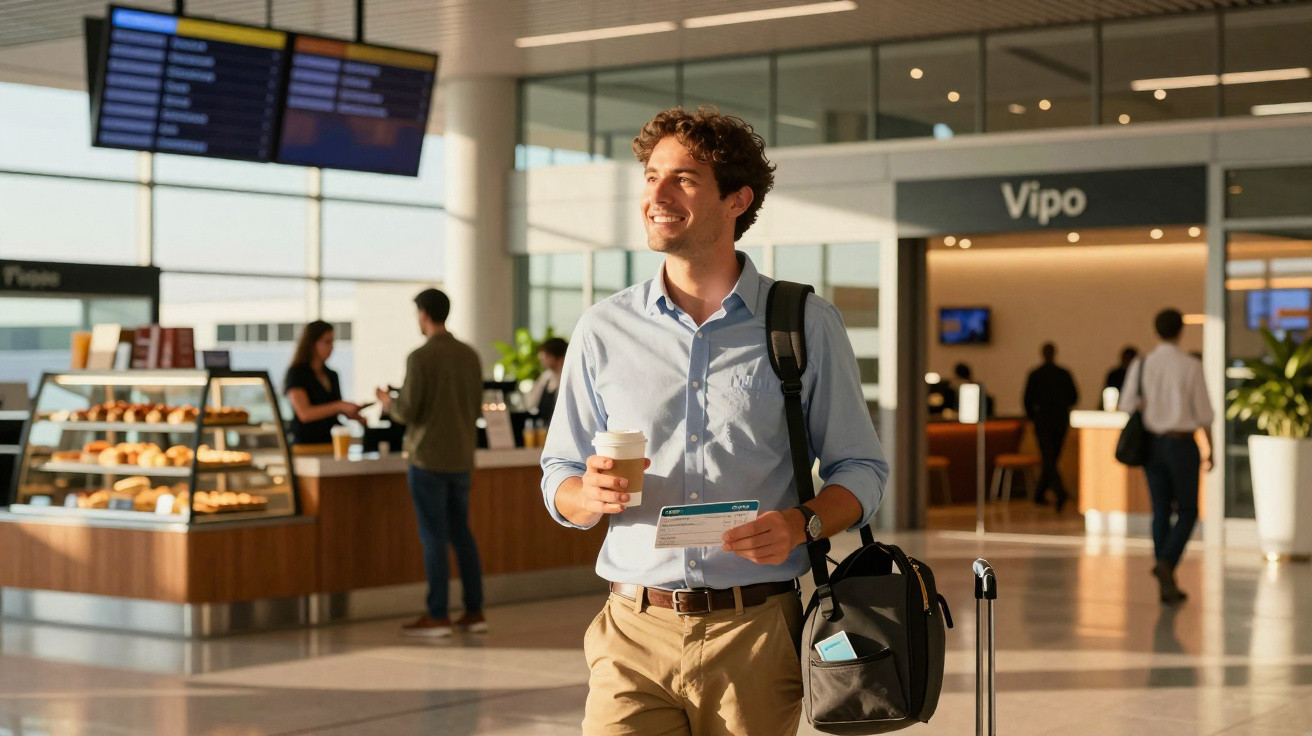 Homem sorridente com café e bilhete de voo numa mão, mala e mochila no aeroporto iluminado.