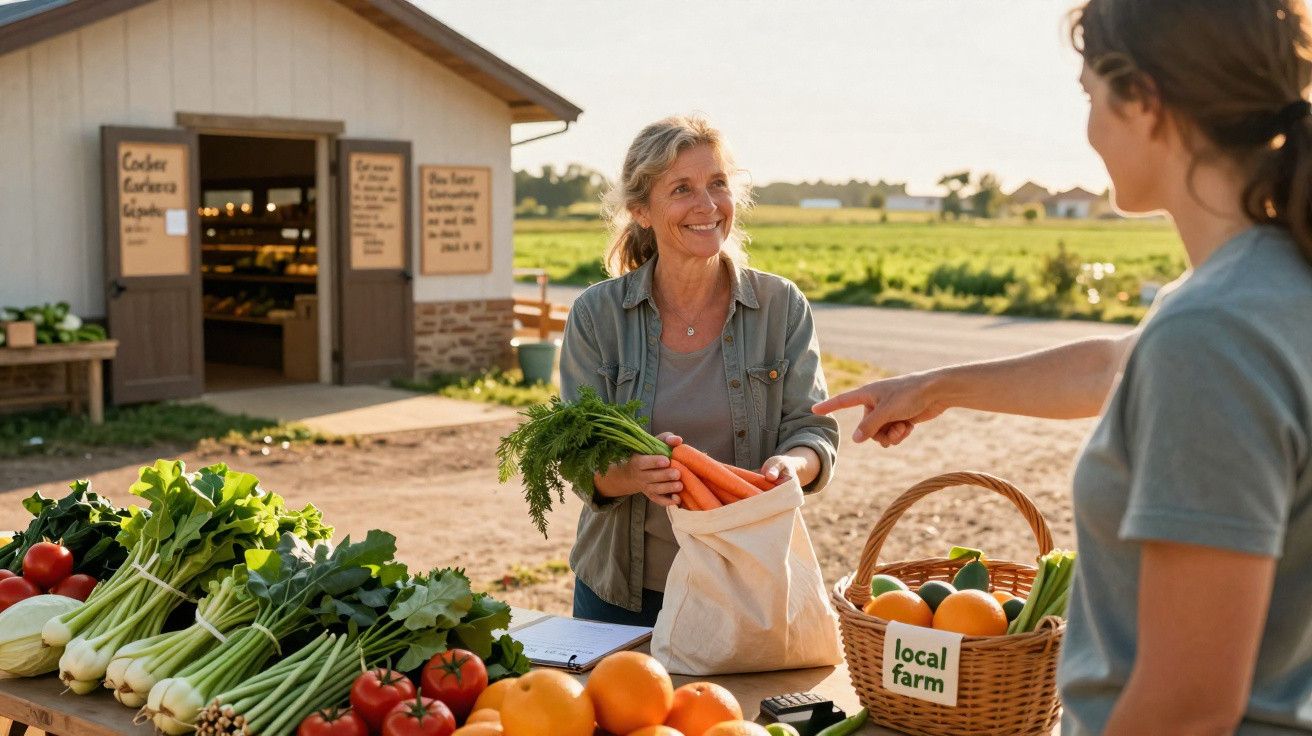 Mulher a vender cenouras e legumes frescos numa banca de agricultura local ao ar livre.