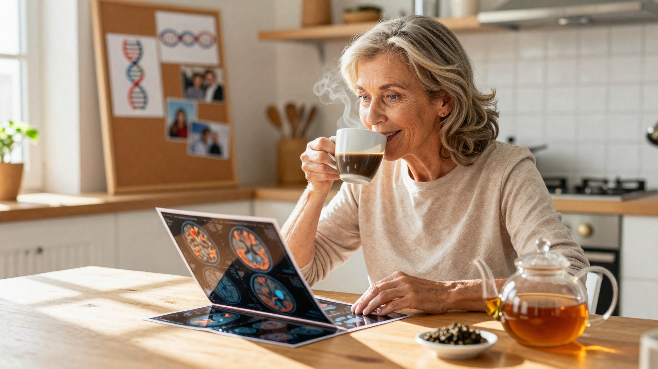 Mulher a beber café enquanto analisa imagens de ressonância magnética cerebral numa cozinha iluminada.