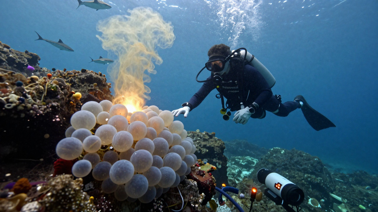 Mergulhador observa criaturas marinhas com bolhas ao fundo e três tubarões nadam na água azul.