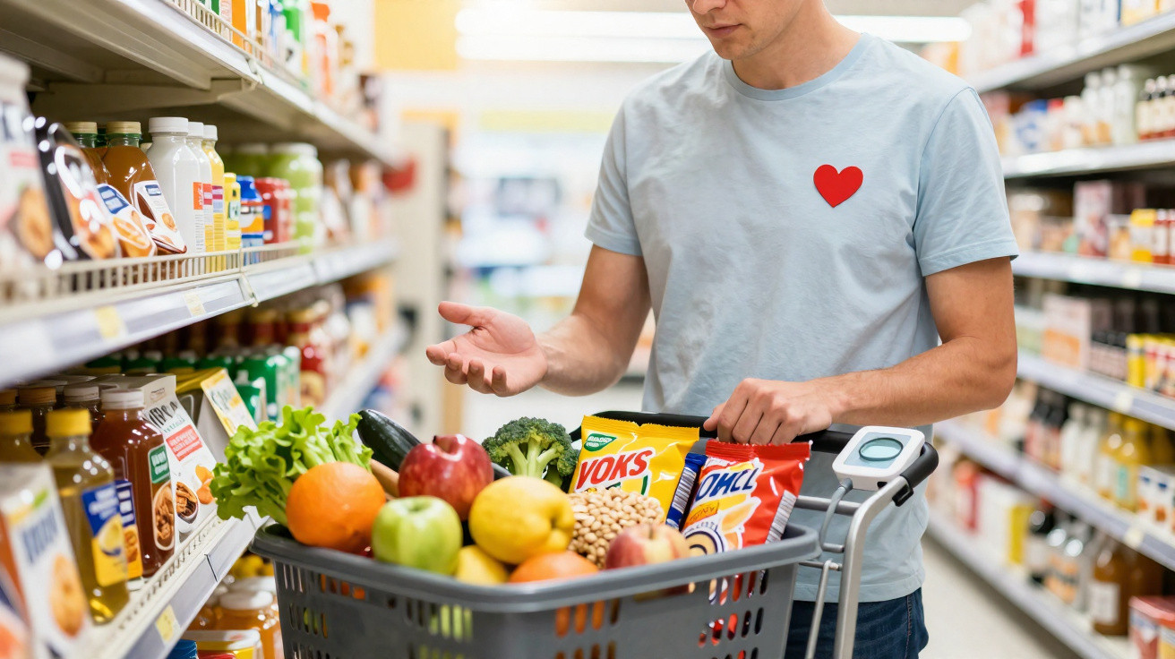 Homem com t-shirt azul e coração vermelho faz compras com carrinho cheio de frutas e snacks no supermercado.