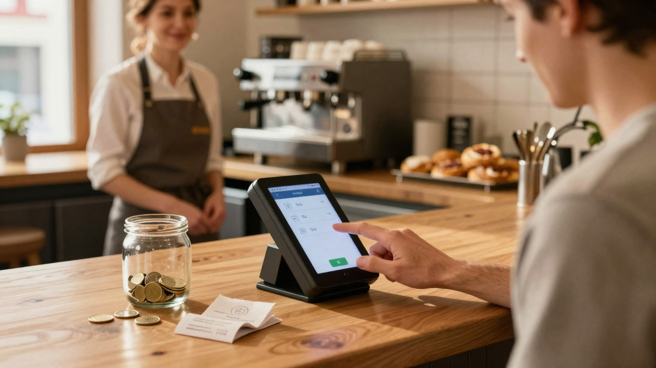 Cliente a pagar com telemóvel em café, com funcionária sorridente e frasco com moedas na mesa de madeira.