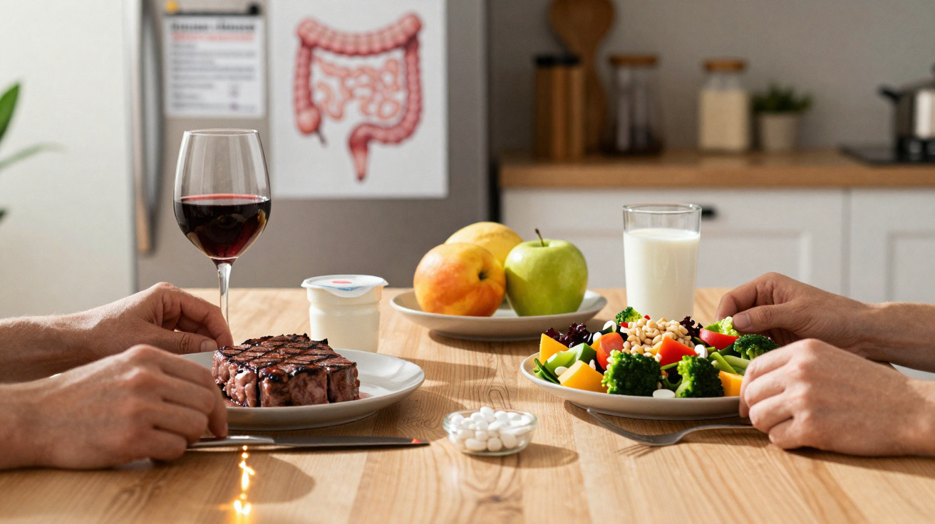 Mesa com duas refeições: prato com bife e copo de vinho, e prato com salada, copo de leite e frutas.
