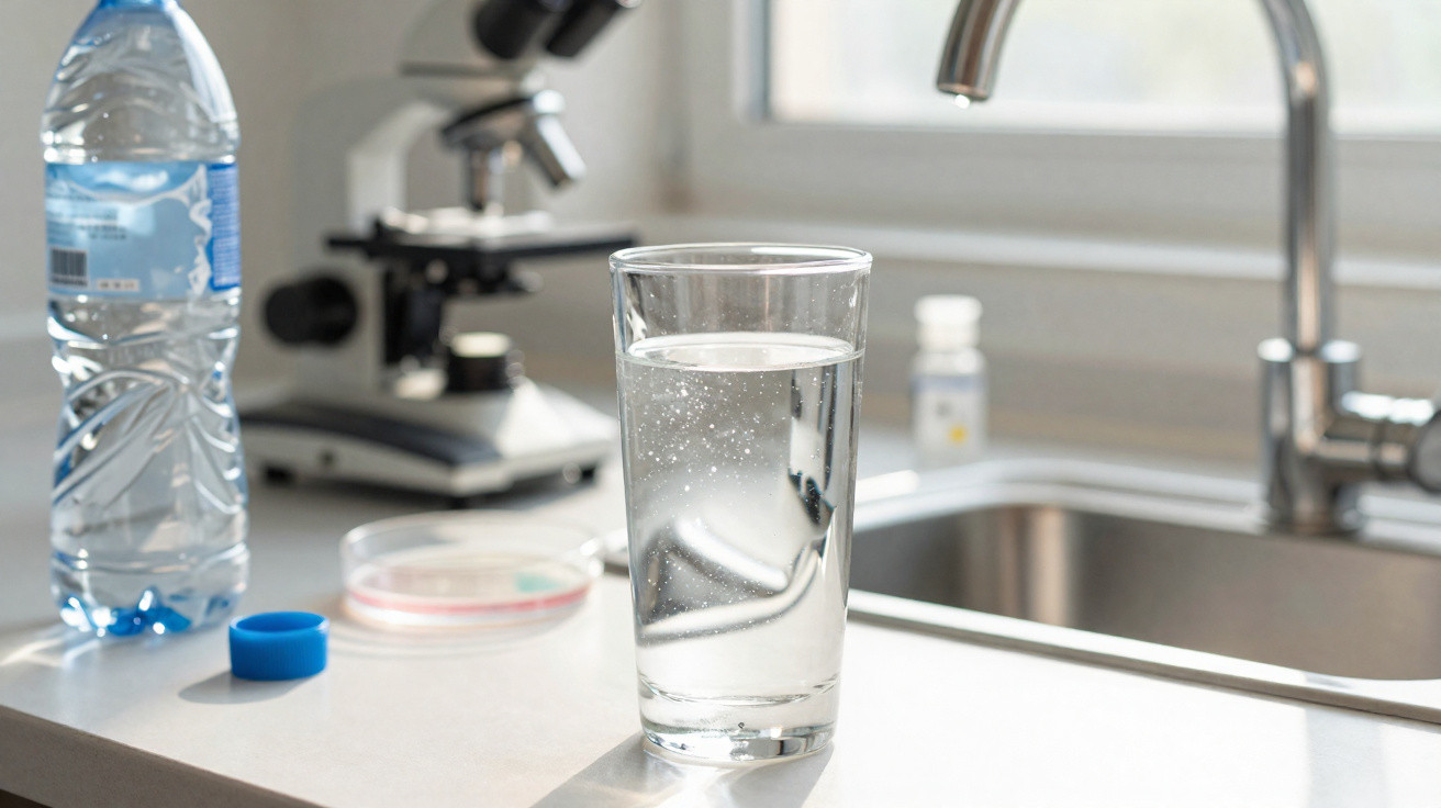 Copo de água limpa sobre bancada de laboratório com microscópio e garrafa de água ao fundo.