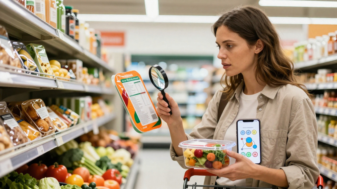 Mulher no supermercado a ler rótulo de alimento com lupa enquanto segura salada e telemóvel no carrinho.