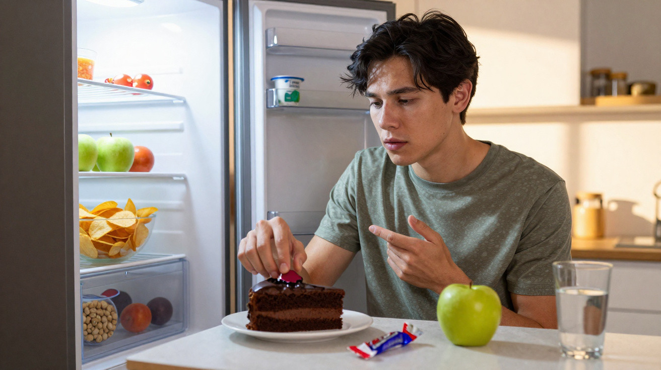 Jovem sentado à mesa, a colocar um doce em bolo de chocolate, com frigorífico aberto ao fundo e alimentos à vista.