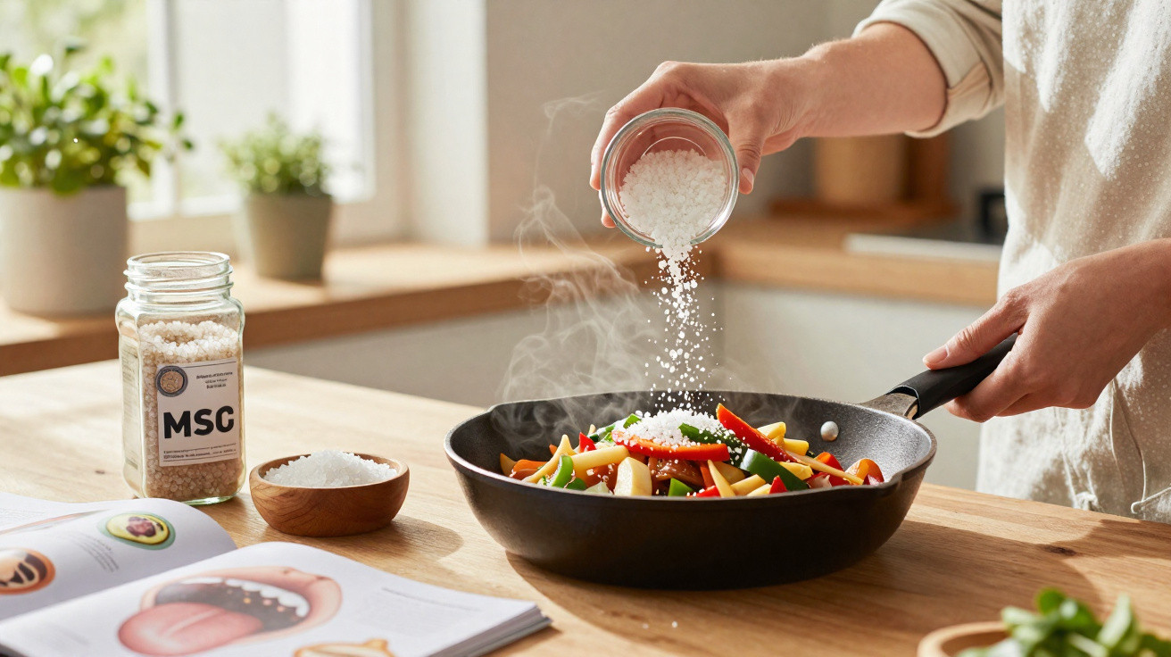 Pessoa a temperar legumes numa frigideira com sal grosso transparente, numa cozinha iluminada.