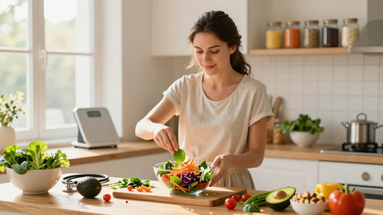 Mulher a preparar salada saudável com legumes frescos numa cozinha luminosa e moderna.