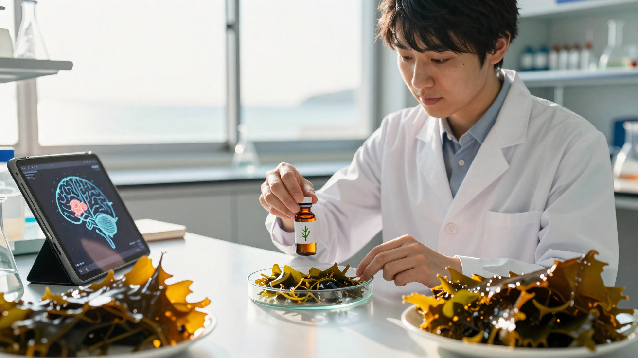 Cientista em laboratório analisa algas marinhas com frasco de extrato e imagem de cérebro em tablet.