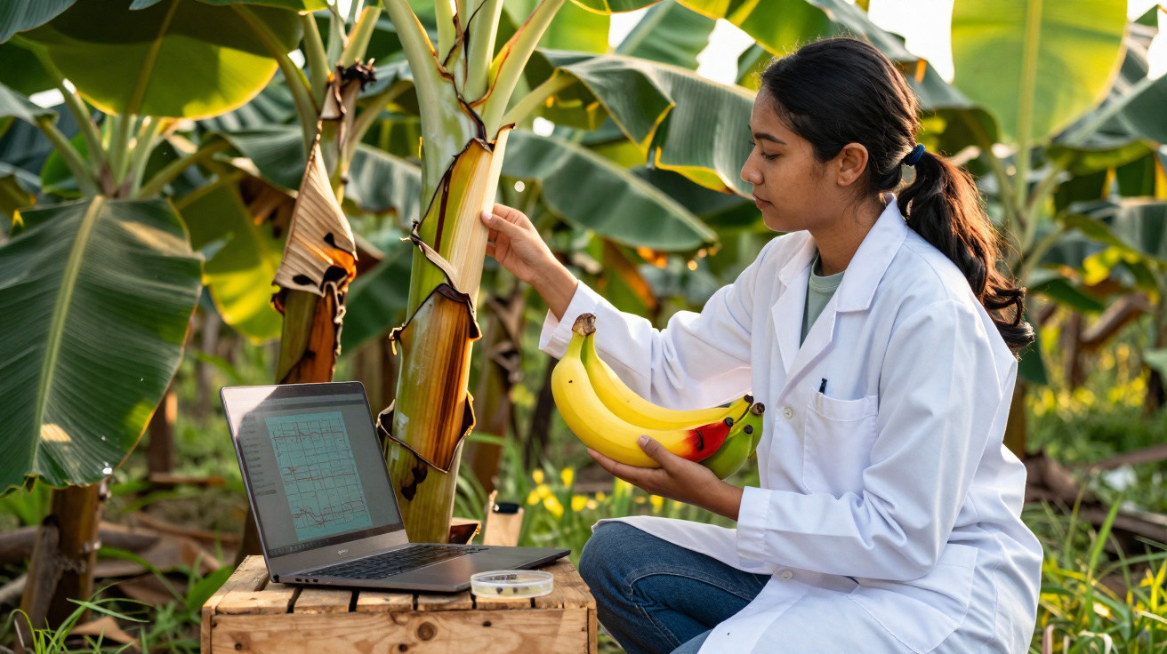 Mulher em bata branca analisa cachos de banana numa plantação com computador a seu lado.
