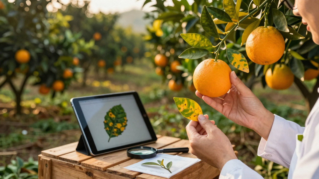 Pessoa a examinar folhas e laranjas numa plantação com tablet e lupa numa mesa de madeira.
