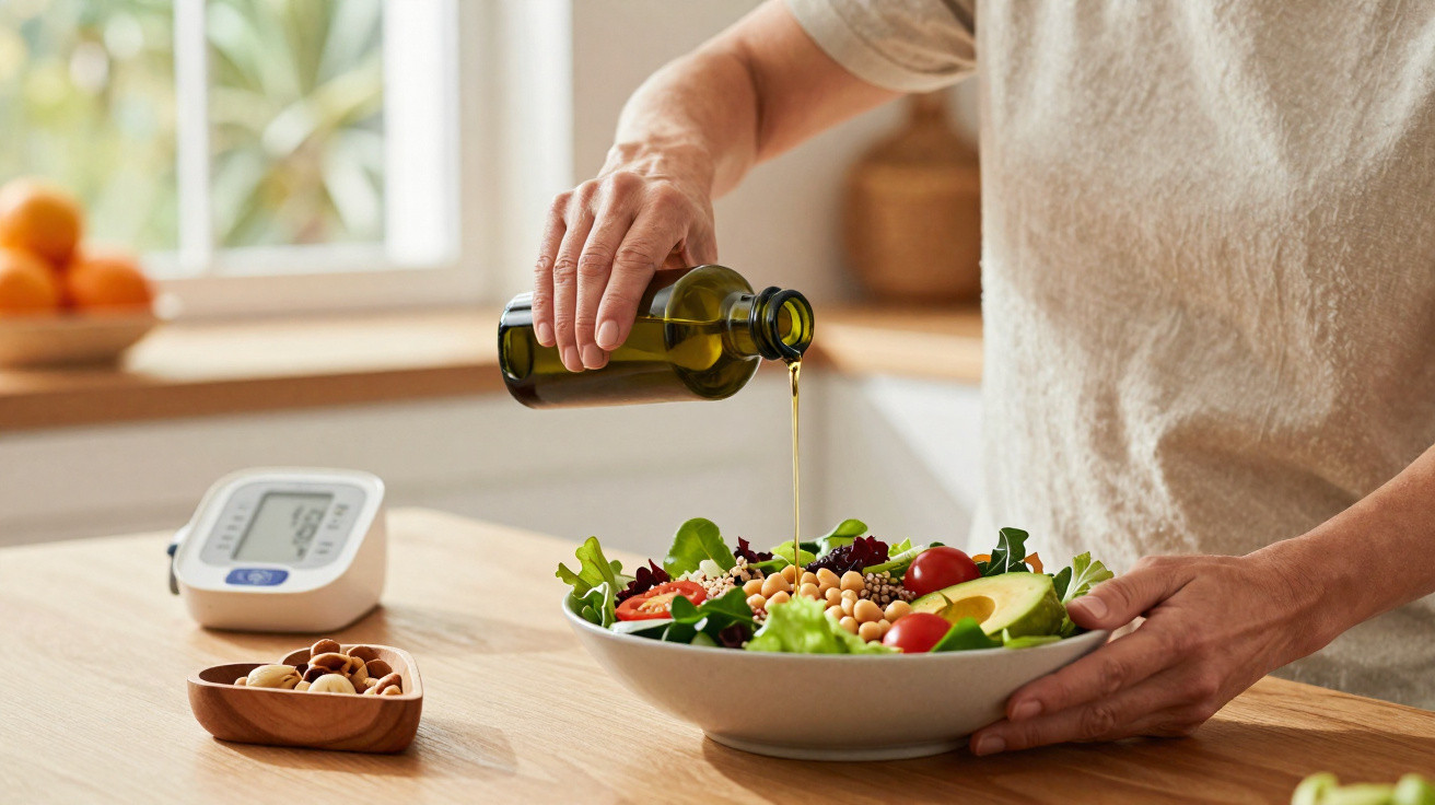 Pessoa a usar azeite num prato com salada fresca numa cozinha iluminada.