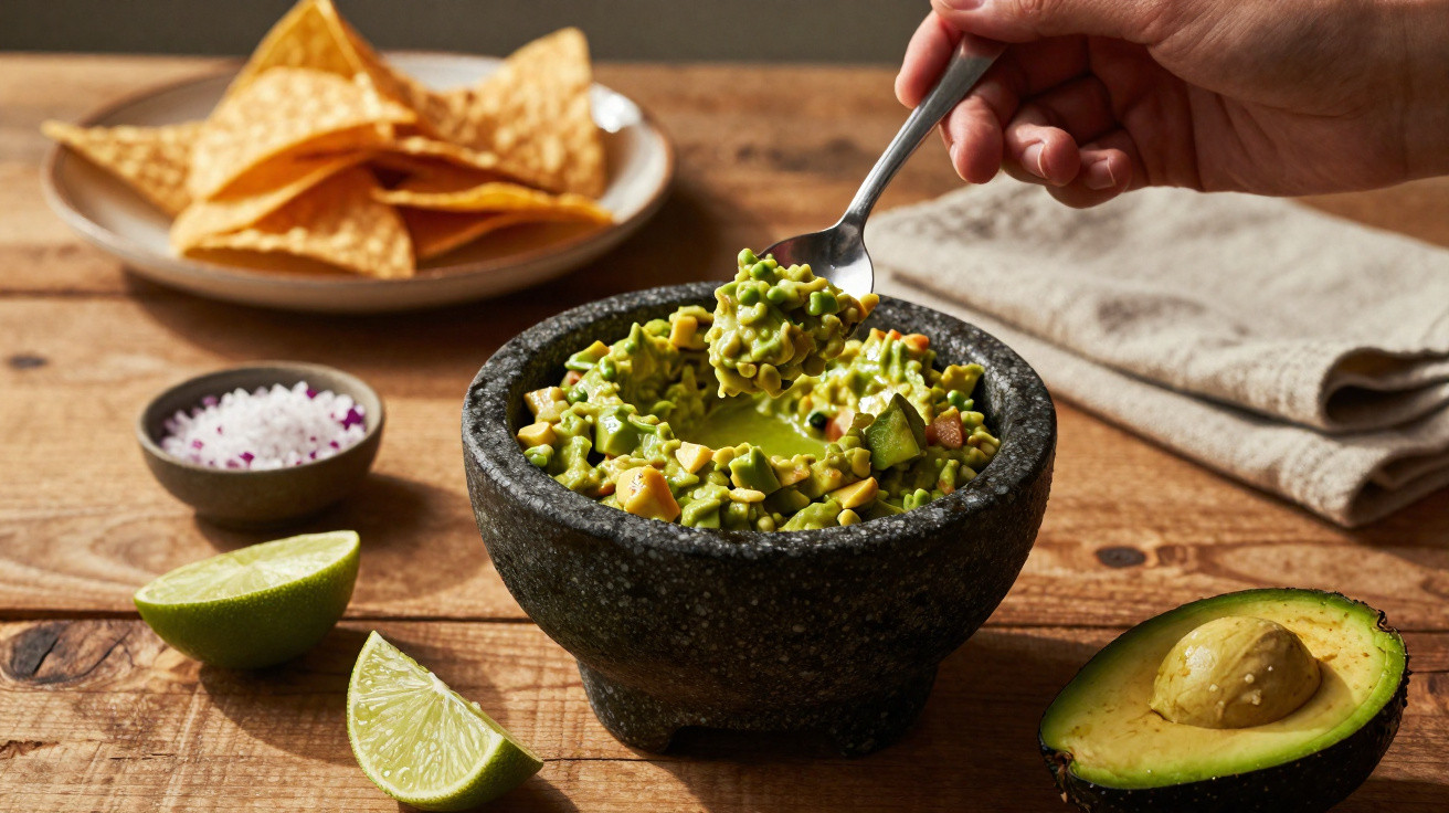 Mão a servir guacamole numa taça rústica, com limão, sal e tortilhas ao fundo numa mesa de madeira.