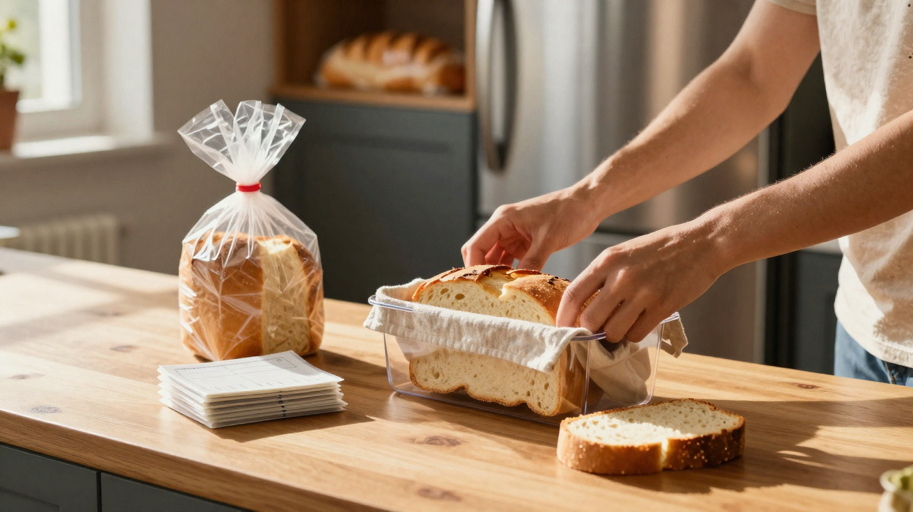 Pessoa a guardar fatias de pão numa caixa transparente numa cozinha com luz natural.
