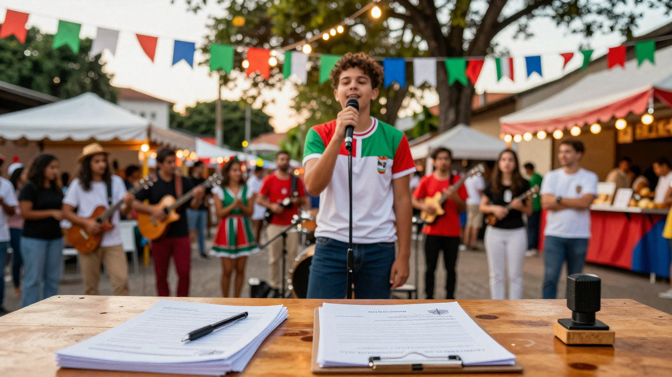 Jovem a falar ao microfone com grupo musical e pessoas em festa ao ar livre decorada com bandeiras coloridas.