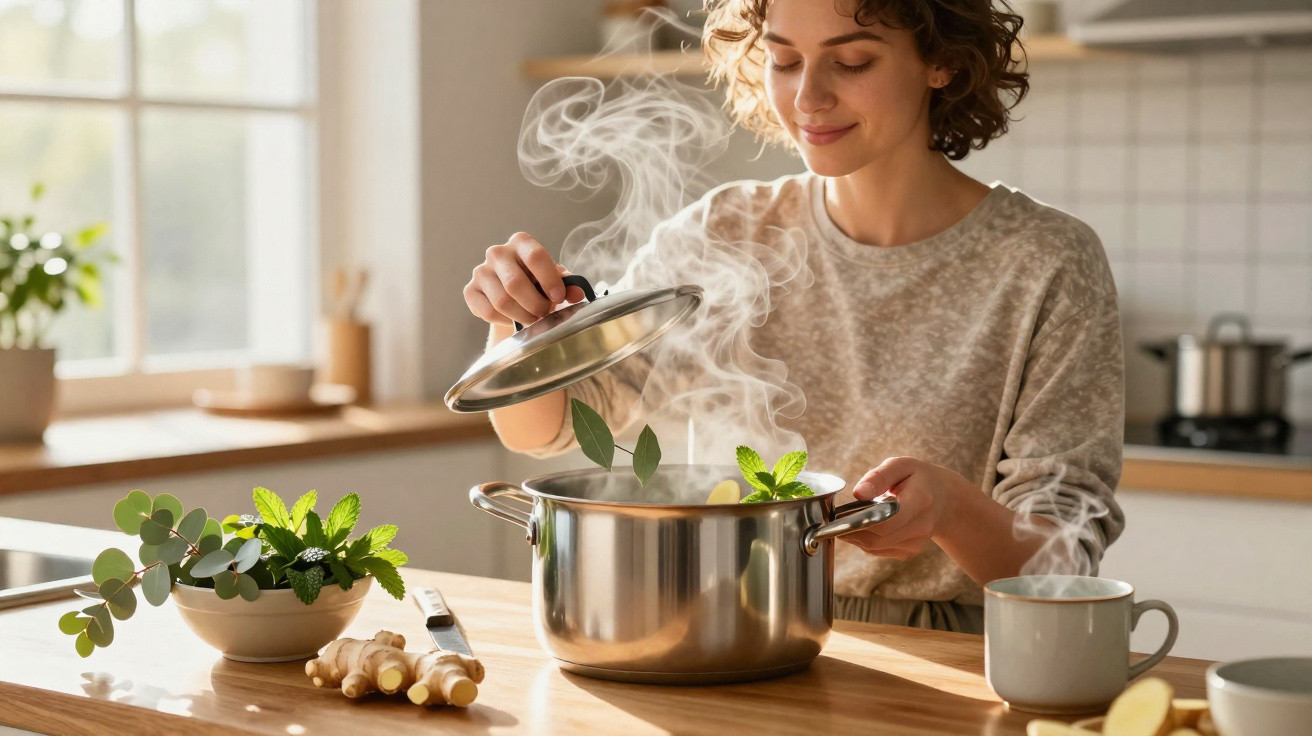 Mulher a levantar tampa de panela a ferver com ervas frescas numa cozinha iluminada.