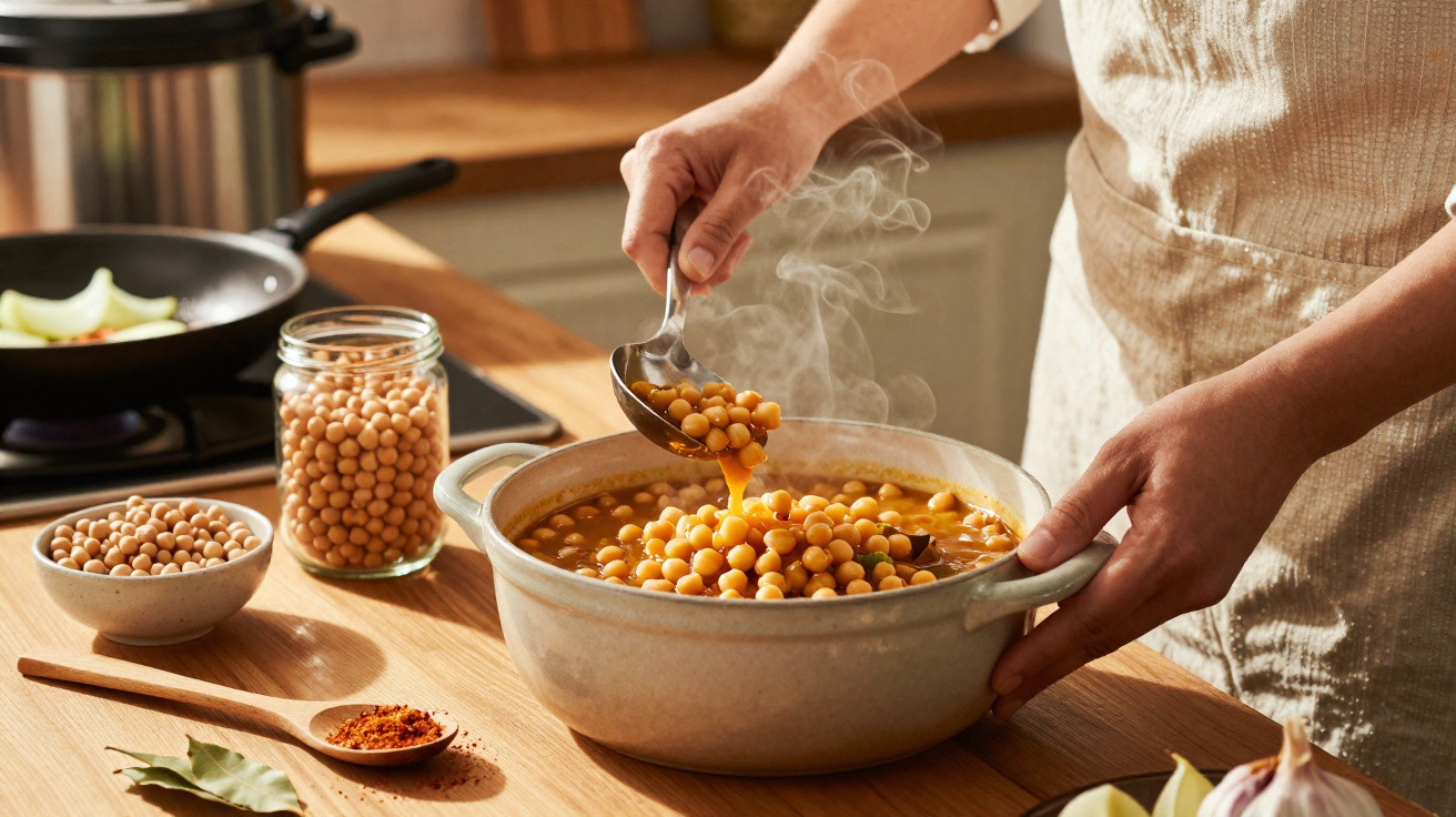 Pessoa a servir sopa quente de grão-de-bico numa panela numa cozinha acolhedora.