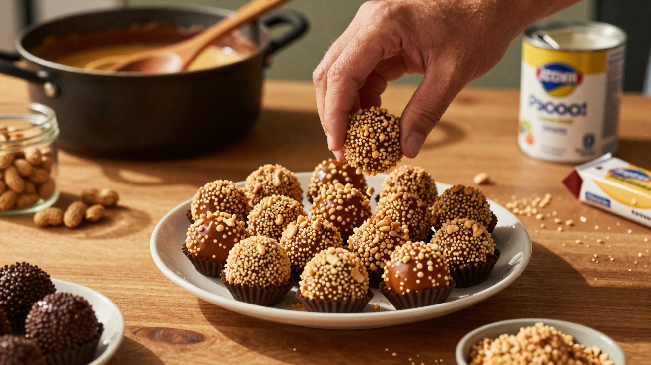 Mão a pegar um brigadeiro coberto com granulados numa mesa com várias tigelas, panelas e ingredientes.