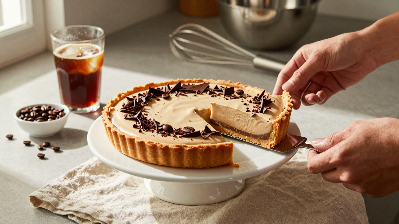 Mão a servir uma fatia de tarte de café com decoração de chocolate, ao lado de copo de café gelado e grãos.