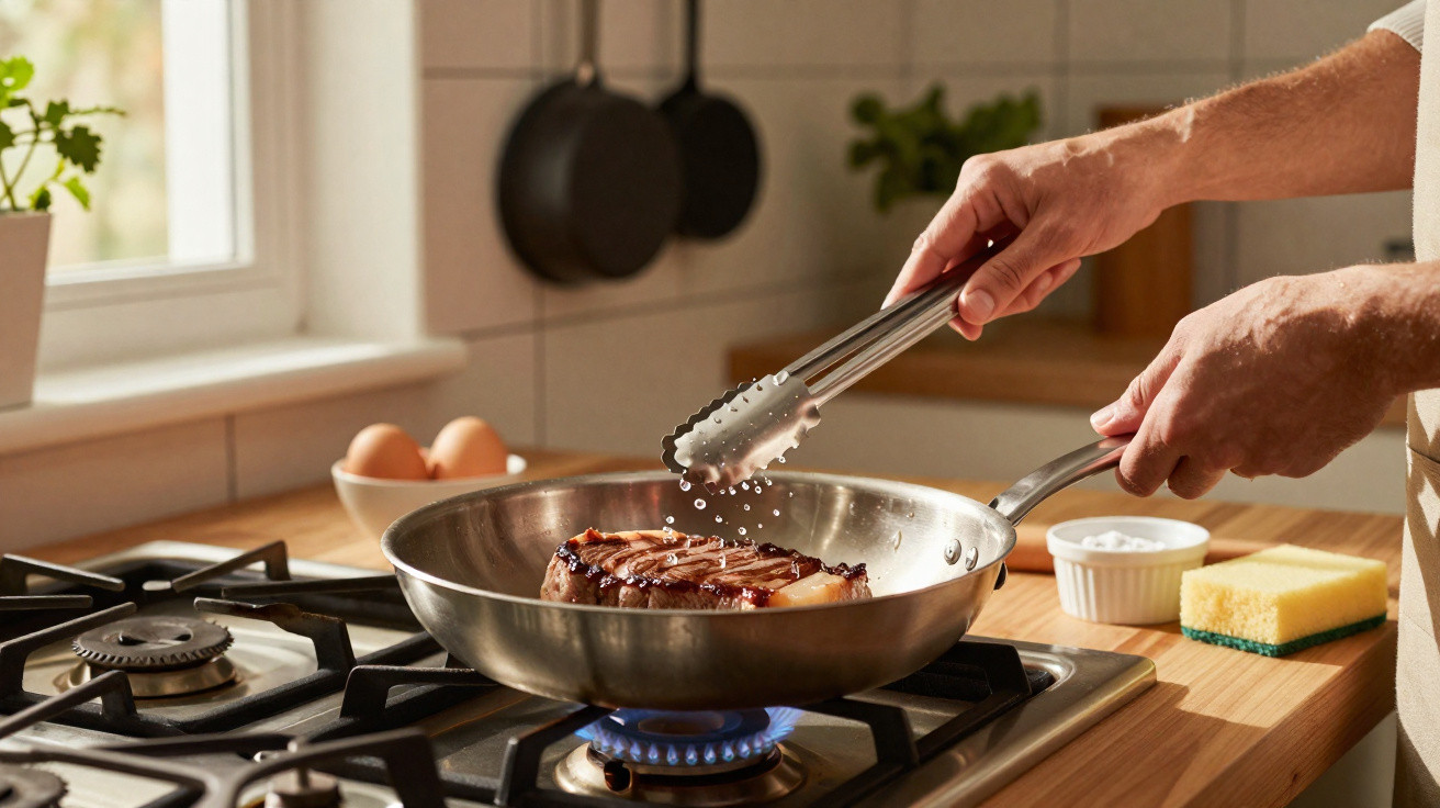 Pessoa a cozinhar bife numa frigideira sobre fogão a gás, temperando com sal.
