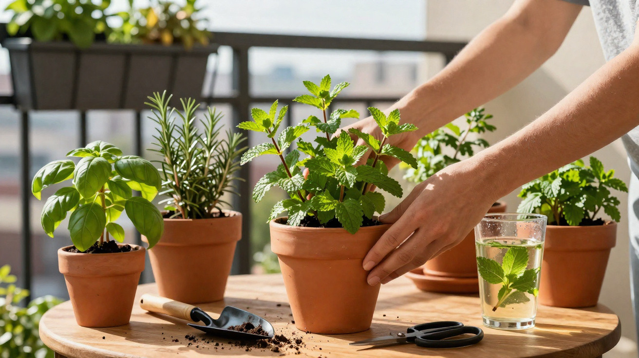 Mãos a cuidar de plantas aromáticas em vasos de barro num terraço com mesa redonda e ferramentas de jardinagem.