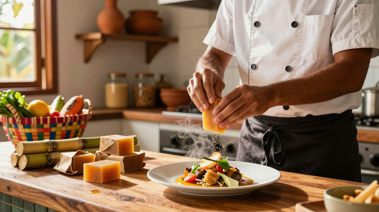 Cozinheiro a preparar prato gourmet com pedaços de rapadura numa cozinha rústica iluminada natural.