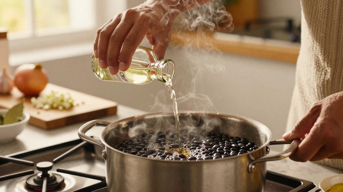 Pessoa a verter óleo numa panela com feijão preto a cozinhar no fogão a gás.