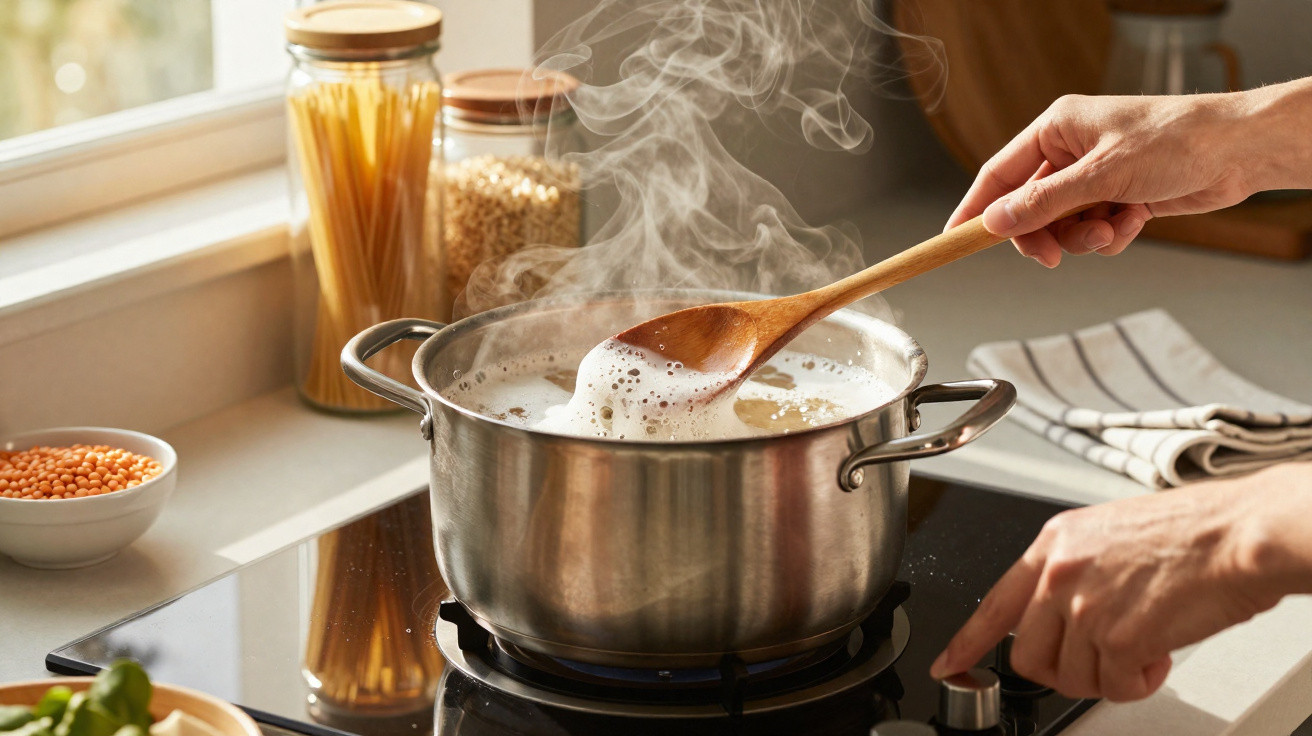 Panela de inox fervendo no fogão com vapor e colher de pau a mexer o conteúdo.