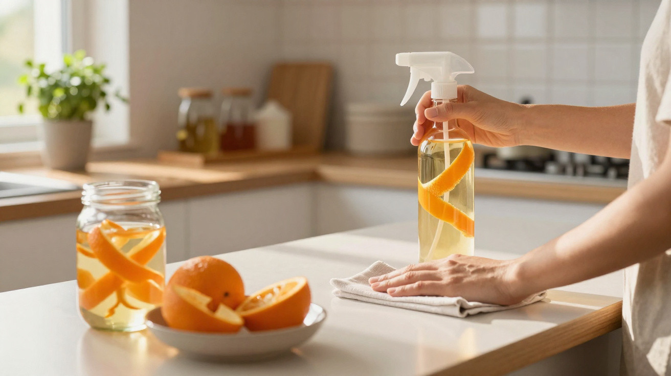Mãos a limpar bancada de cozinha com spray de limpeza caseiro contendo cascas de laranja e pano branco.