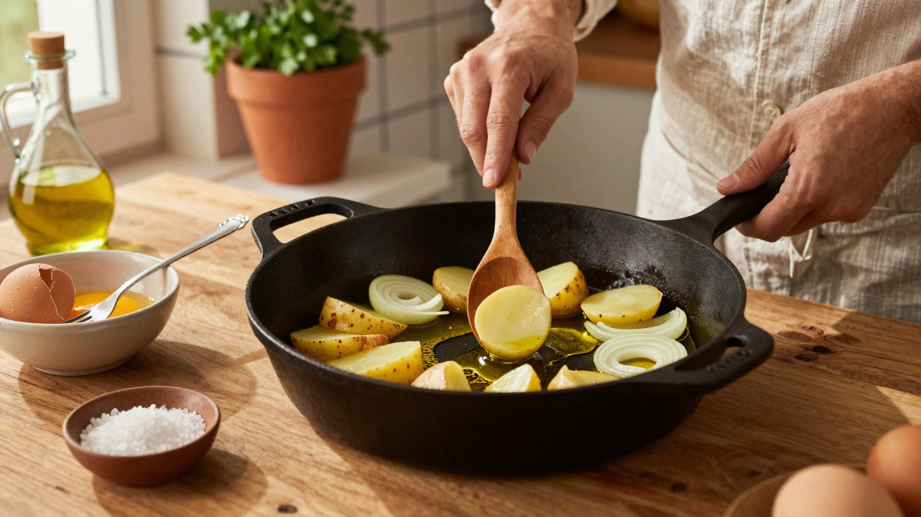 Pessoa a cozinhar batatas e cebolas numa frigideira preta com azeite numa cozinha iluminada.