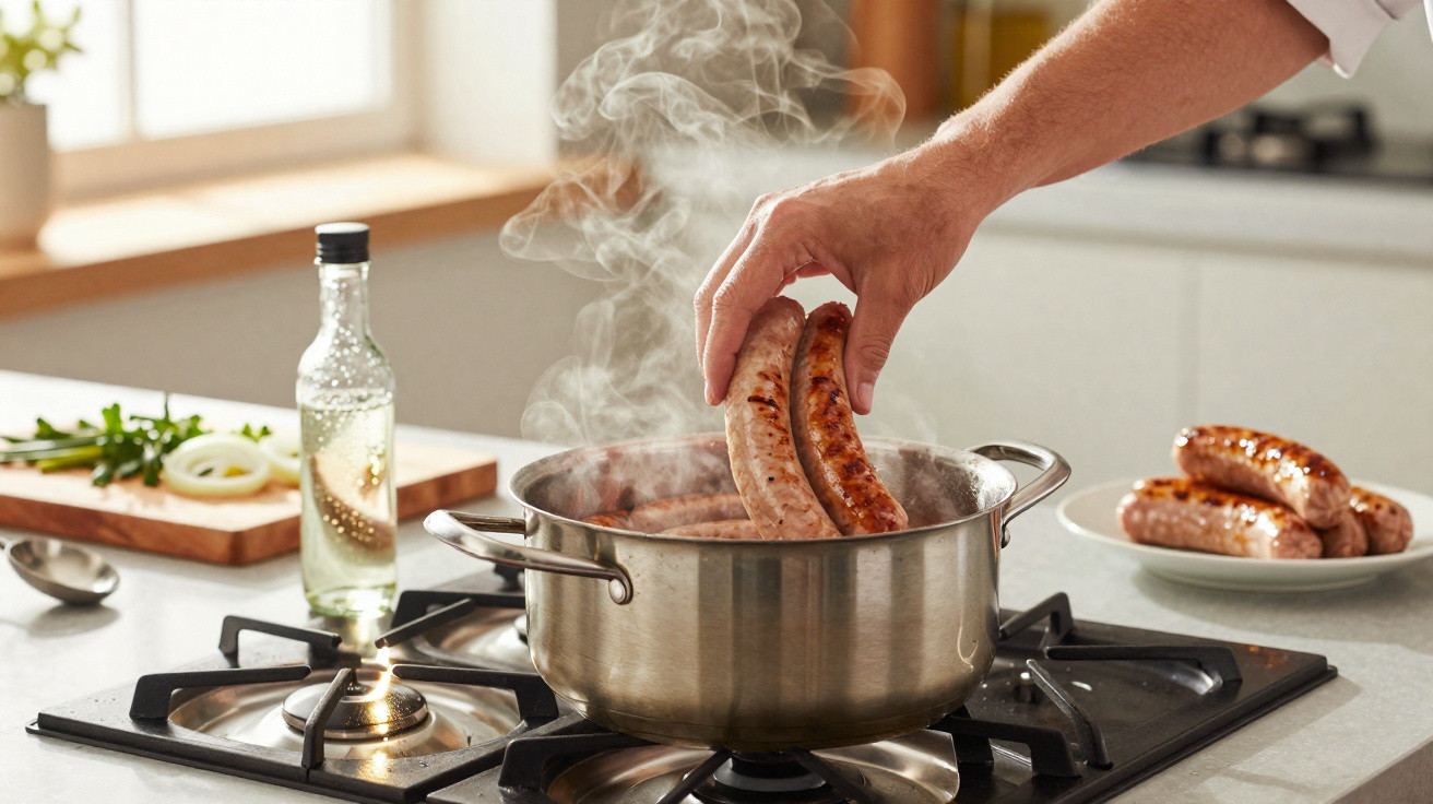 Mão a colocar salsichas a cozinhar em panela com vapor numa cozinha moderna e luminosa.