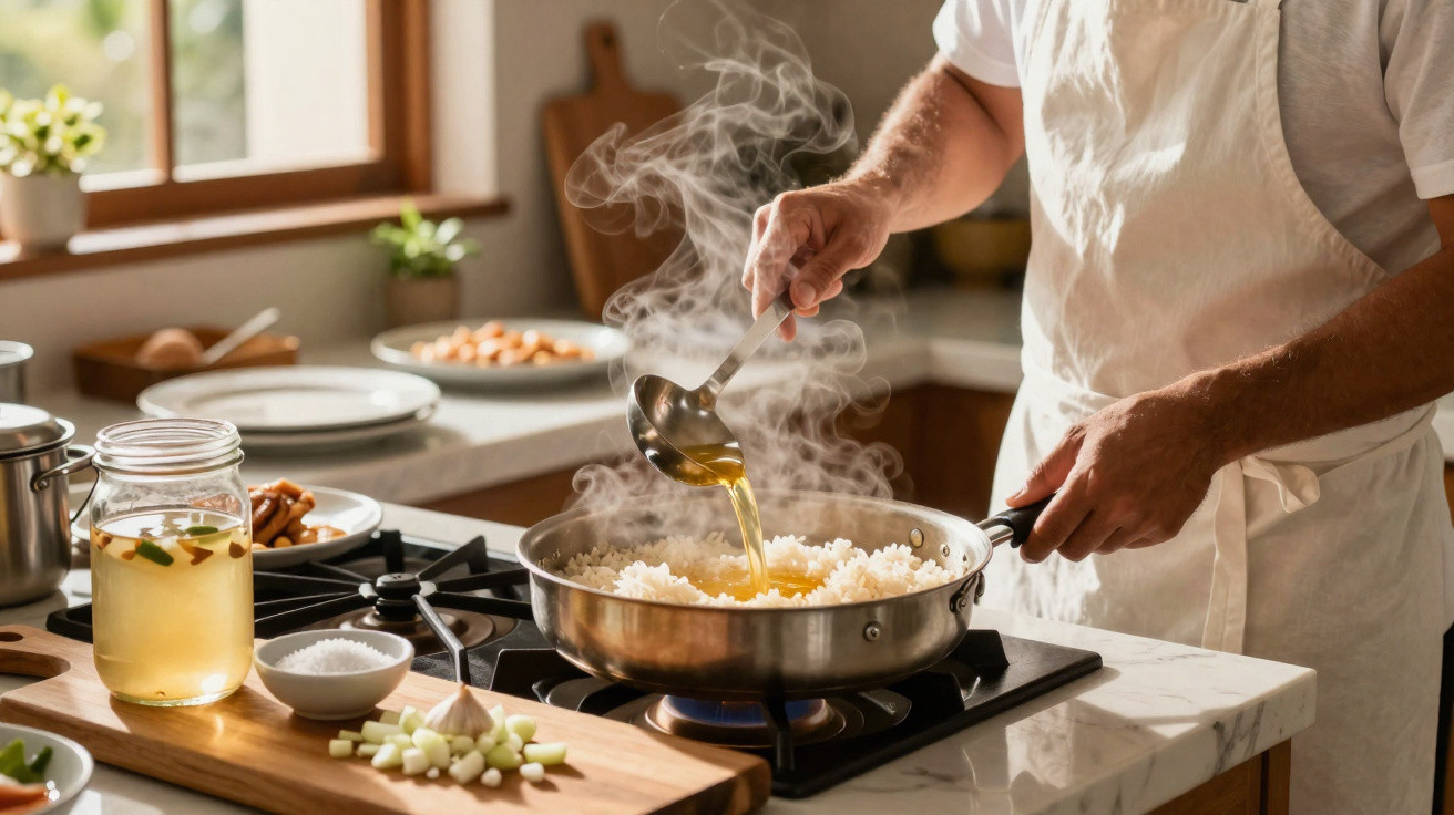 Pessoa a cozinhar arroz numa frigideira, adicionando líquido quente numa cozinha iluminada natural.