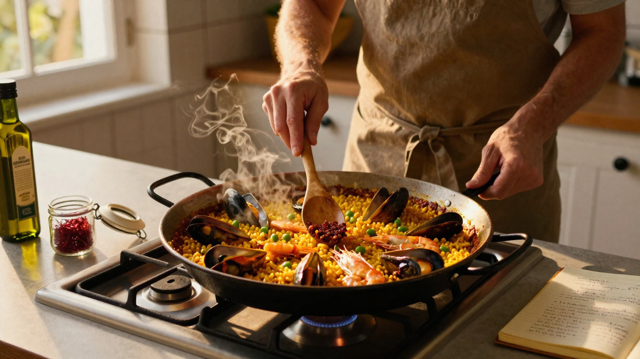 Pessoa a mexer uma paelha com marisco e legumes numa cozinha iluminada por luz natural.