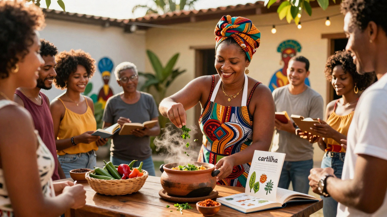 Mulher a cozinhar ao ar livre enquanto grupo observa e lê, rodeados de ingredientes frescos e ervas.