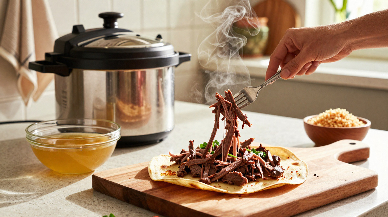 Pessoa a servir carne desfiada quente sobre tortilla numa tábua de madeira na cozinha.