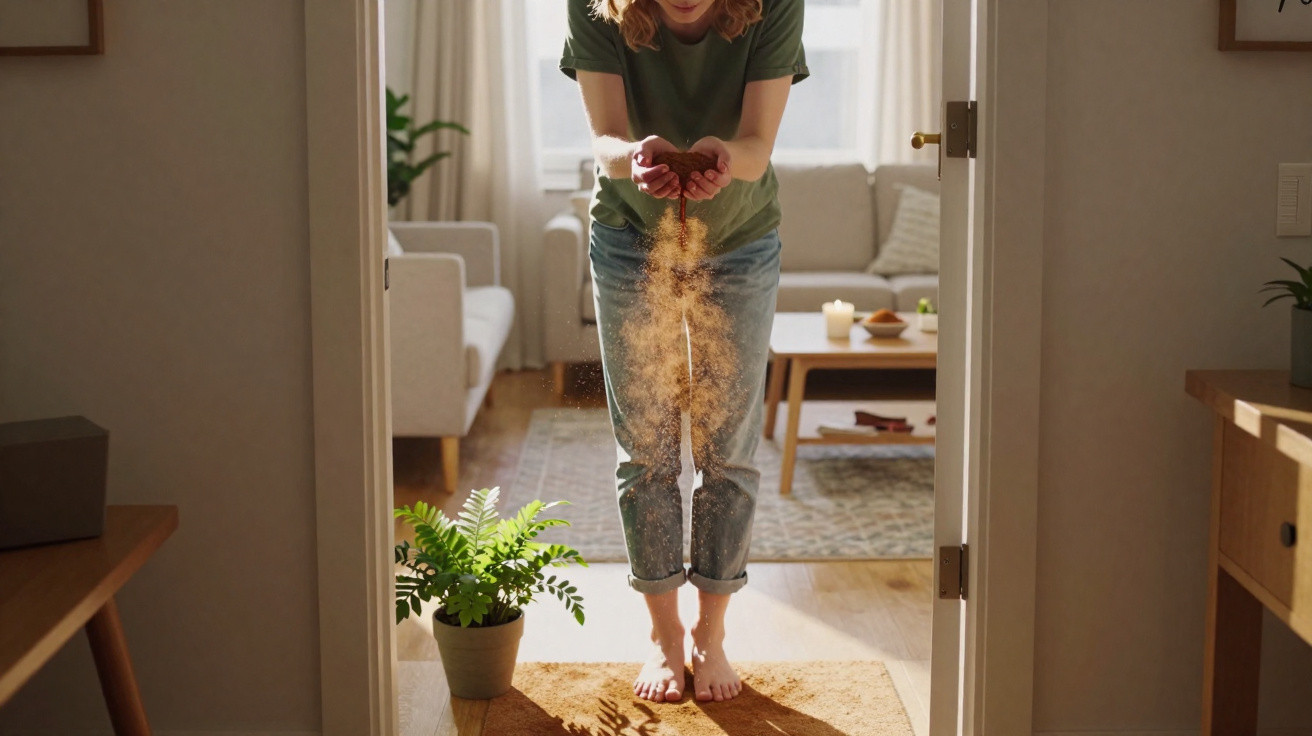 Pessoa de pé numa entrada casa a deixar cair terra das mãos sobre tapete, com planta junto e sala ao fundo.