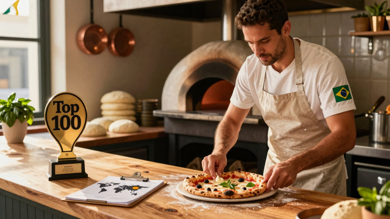 Homem com avental prepara pizza numa cozinha com forno de lenha e prémio 'Top 100' numa bancada de madeira.