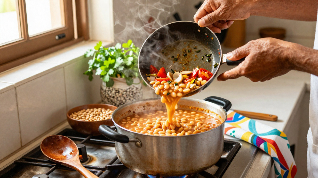 Pessoa a deitar feijão temperado numa panela ao lume numa cozinha iluminada por janela.