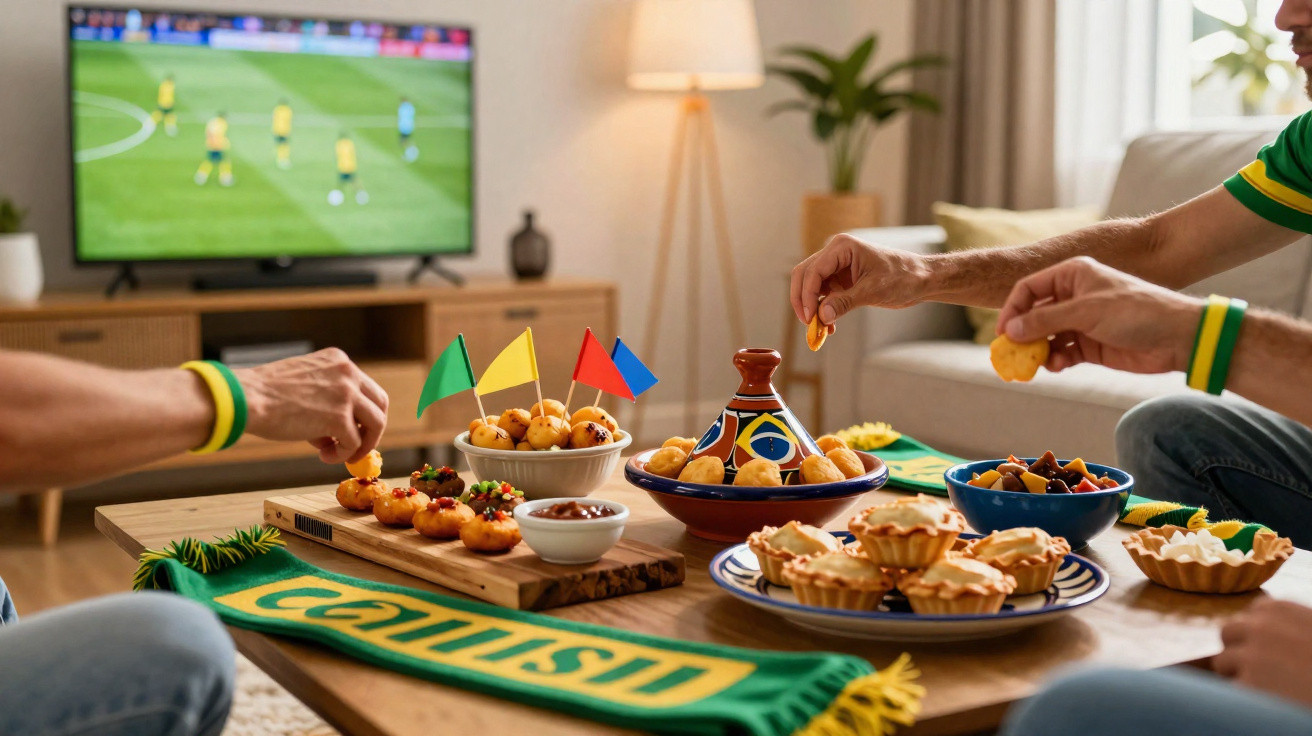Duas pessoas com equipamentos de futebol assistem ao jogo e comem petiscos numa mesa com decoração brasileira.